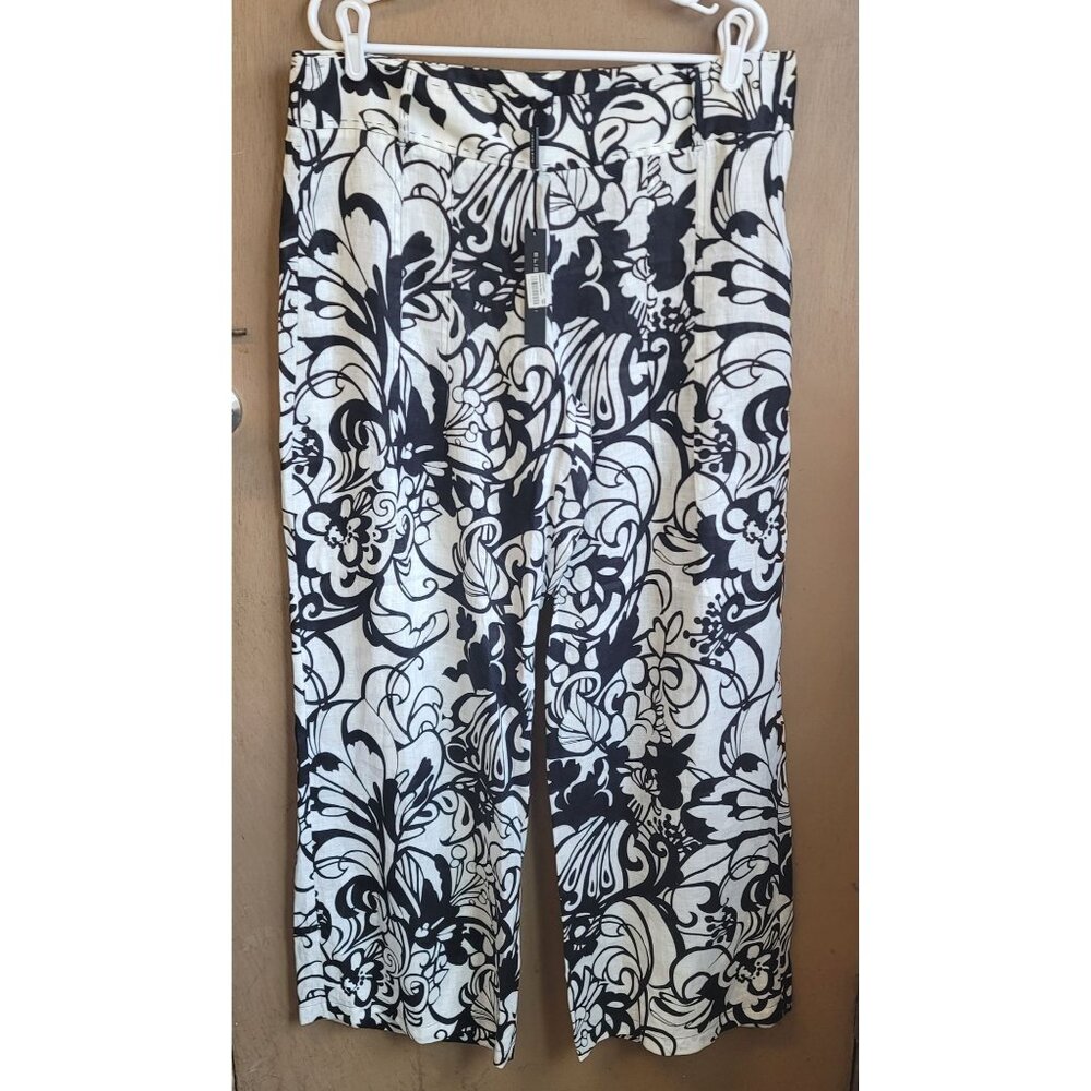NWT Elie Tahari floral 100%  linen wide leg pants lightweight 14